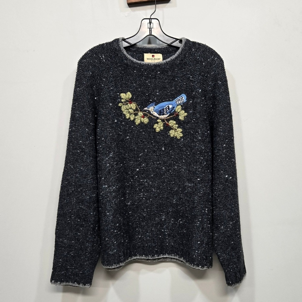 Woolrich Sweater Large Onyx Heather Bird Embroidered Vintage Wool Blend Cottage‎
